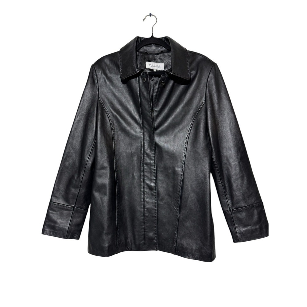 Calvin Klein Black Leather Jacket Coat Women Size Medium Classic Fall Winter